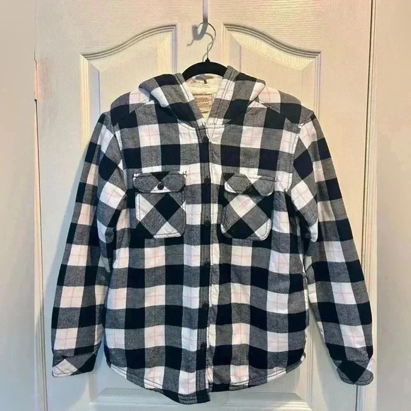 💗🖤”Boston Traders” Flannel Fleece Lined Hooded Shacket Pink/Black/White Sz S🖤 - Picture 1 of 16
